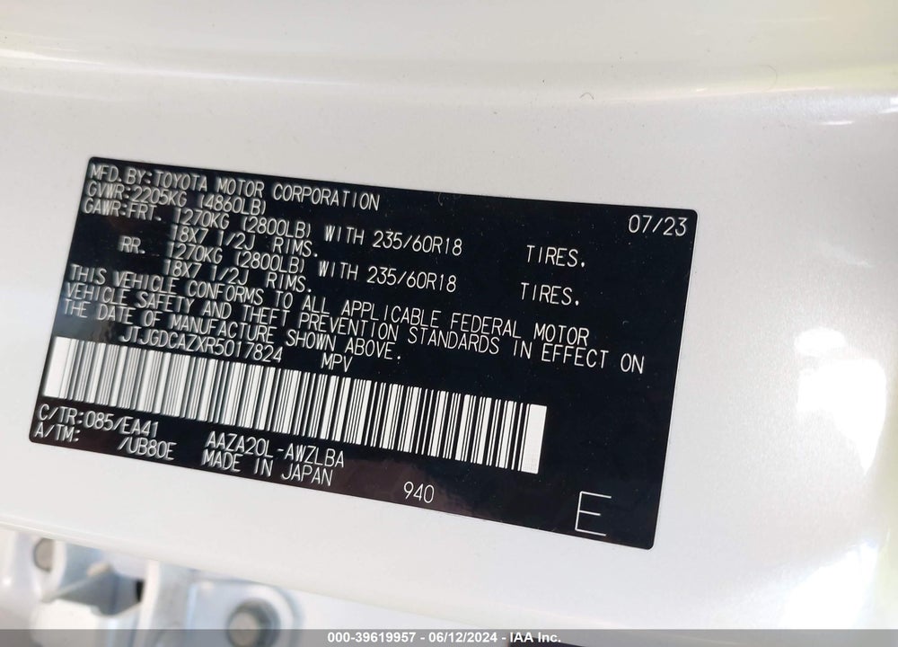 2024 LEXUS NX 250 PREMIUM VIN: JTJGDCAZXR5017824