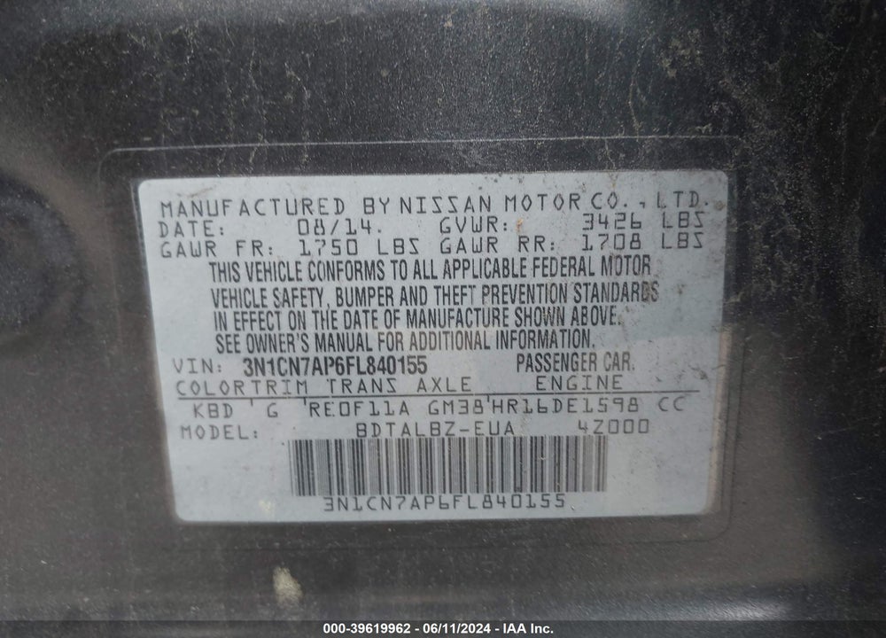 2015 NISSAN VERSA 1.6 S/1.6 S+/1.6 SL/1.6 SV VIN: 3N1CN7AP6FL840155