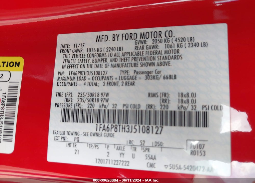 2018 FORD MUSTANG ECOBOOST VIN: 1FA6P8TH3J5108127