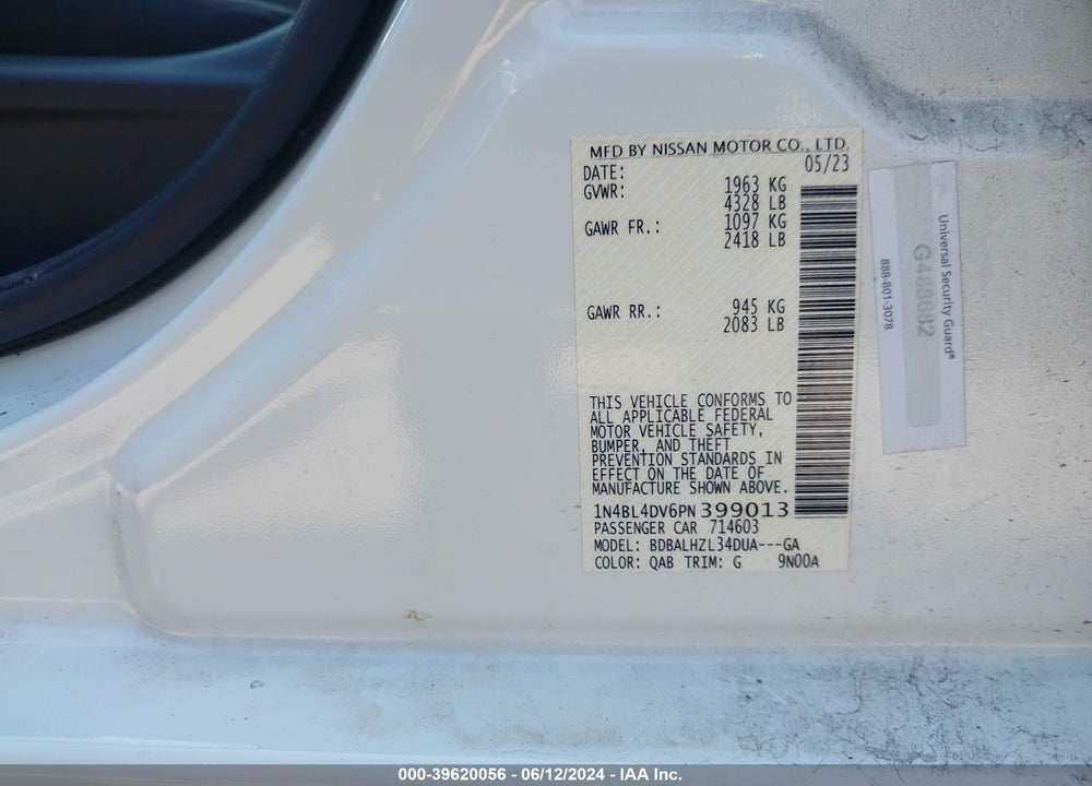 2023 NISSAN ALTIMA SV FWD VIN: 1N4BL4DV6PN399013