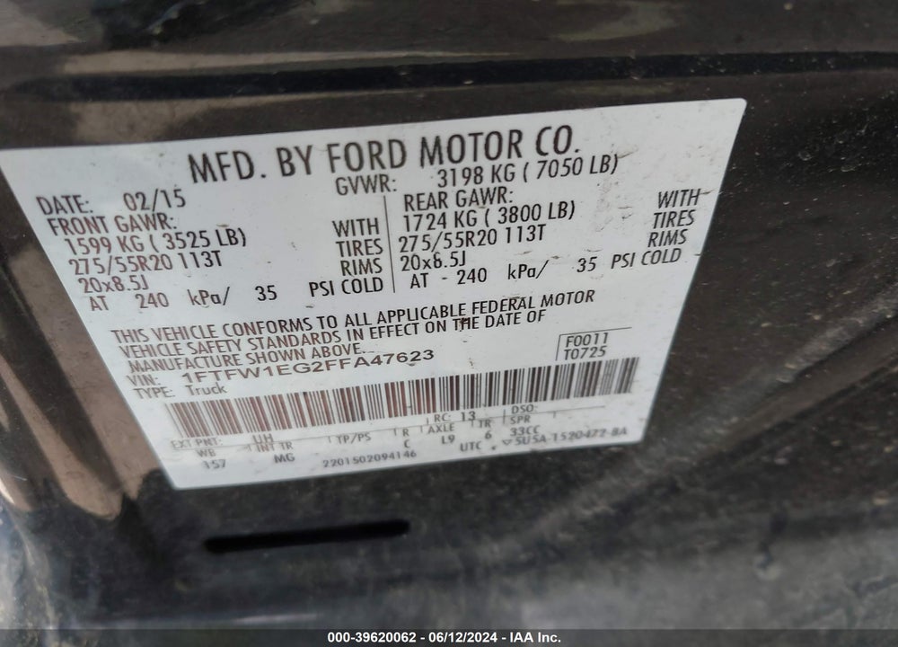2015 FORD F-150 XLT VIN: 1FTFW1EG2FFA47623