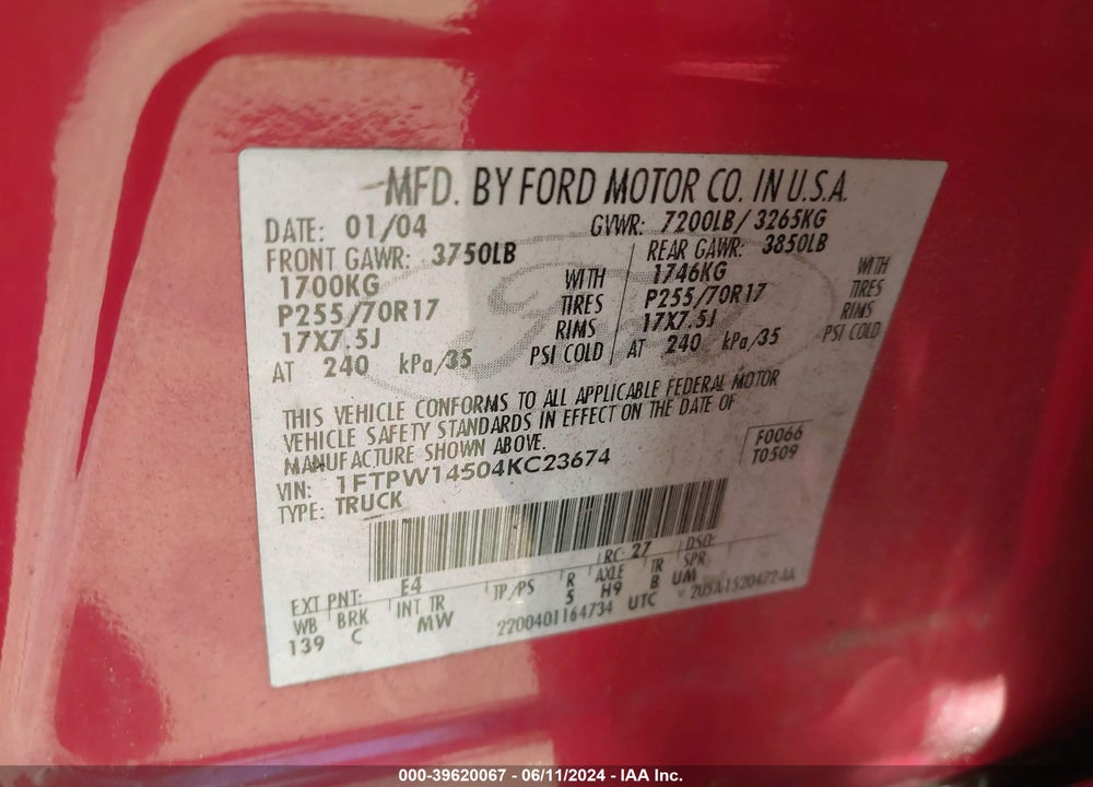 2004 FORD F-150 FX4/LARIAT/XLT VIN: 1FTPW14504KC23674