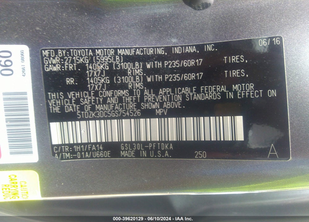 2016 TOYOTA SIENNA L 7 PASSENGER VIN: 5TDZK3DC5GS754526
