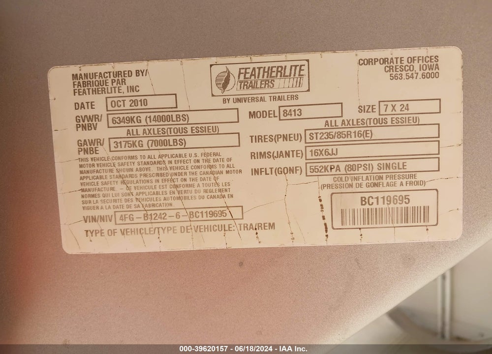 2011 FEATHERLITE --- VIN: 4FGB12426BC119695