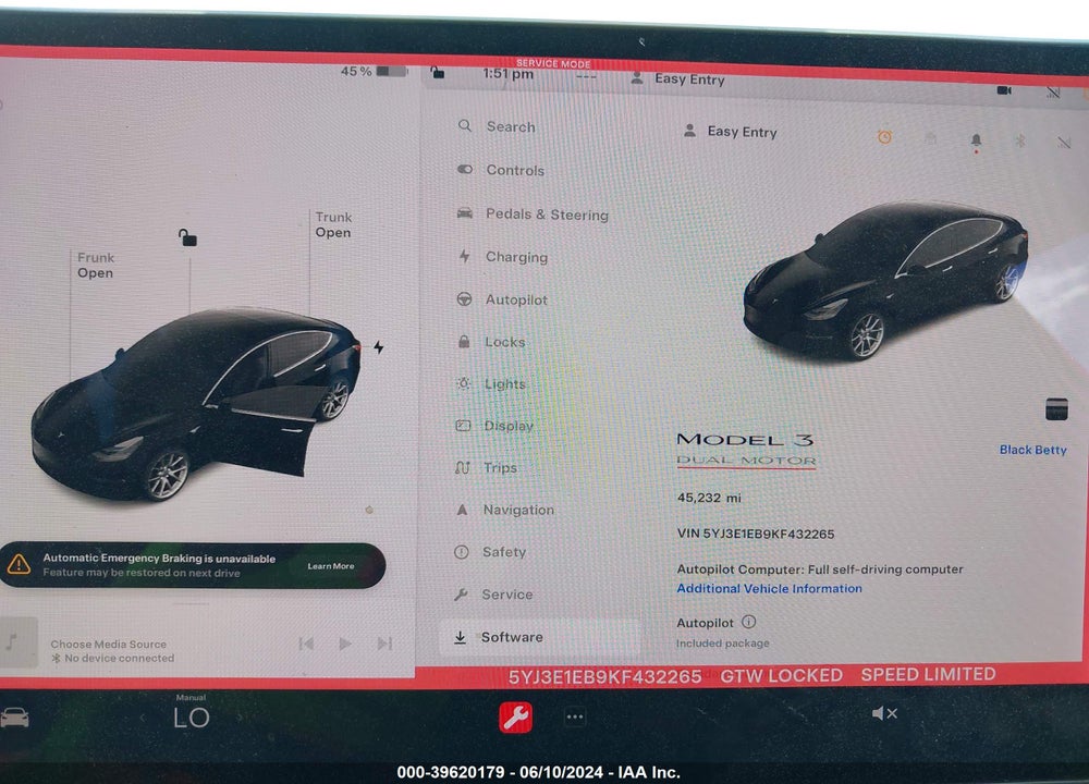 2019 TESLA MODEL 3 LONG RANGE/PERFORMANCE VIN: 5YJ3E1EB9KF432265