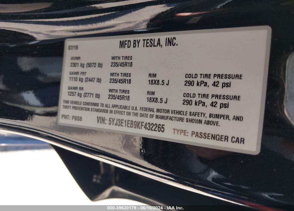 2019 TESLA MODEL 3 LONG RANGE/PERFORMANCE VIN: 5YJ3E1EB9KF432265