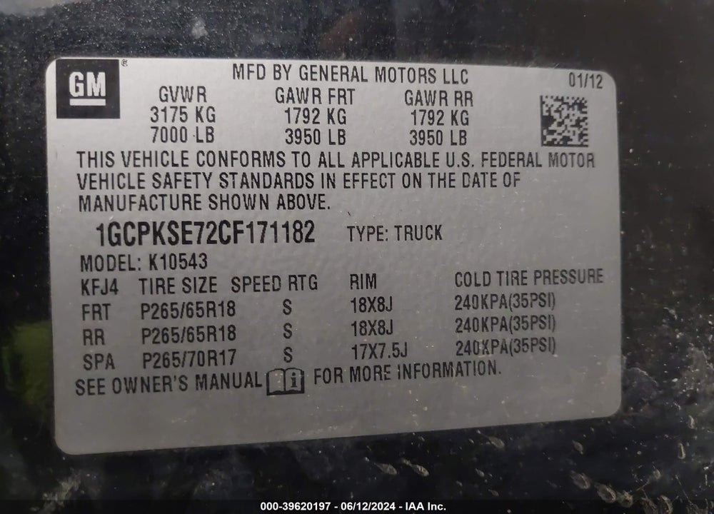 2012 CHEVROLET SILVERADO 1500 VIN: 1GCPKSE72CF171182