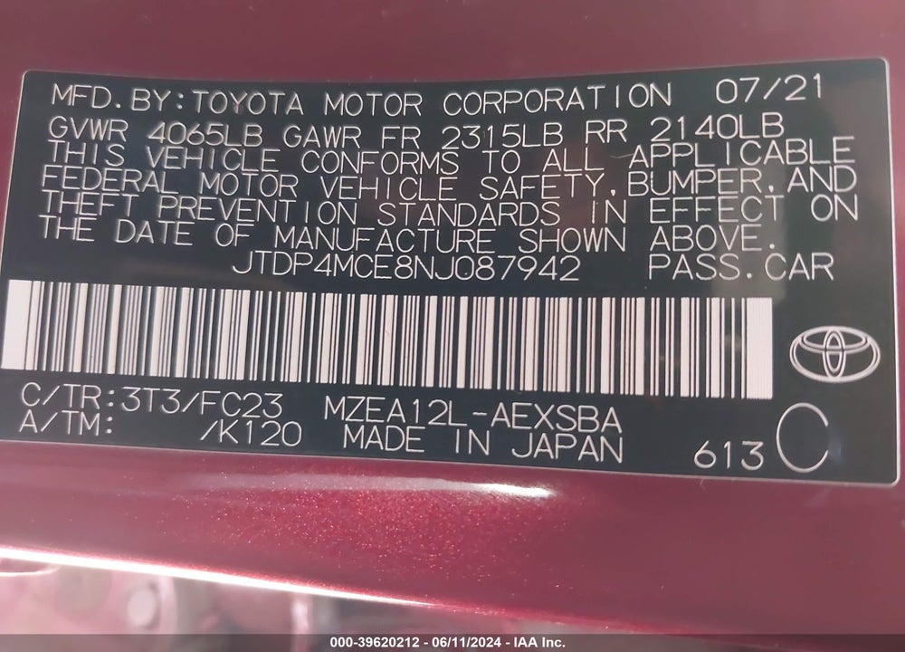2022 TOYOTA COROLLA SE VIN: JTDP4MCE8NJ087942