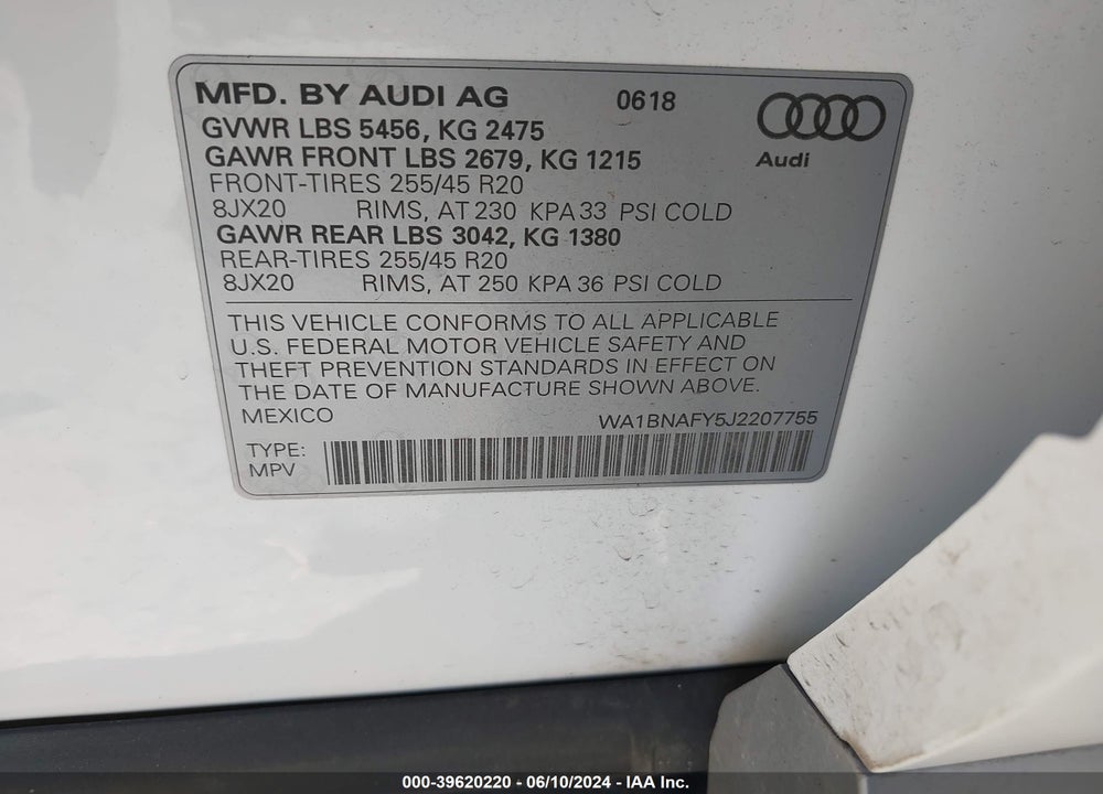 2018 AUDI Q5 2.0T PREMIUM/2.0T TECH PREMIUM VIN: WA1BNAFY5J2207755