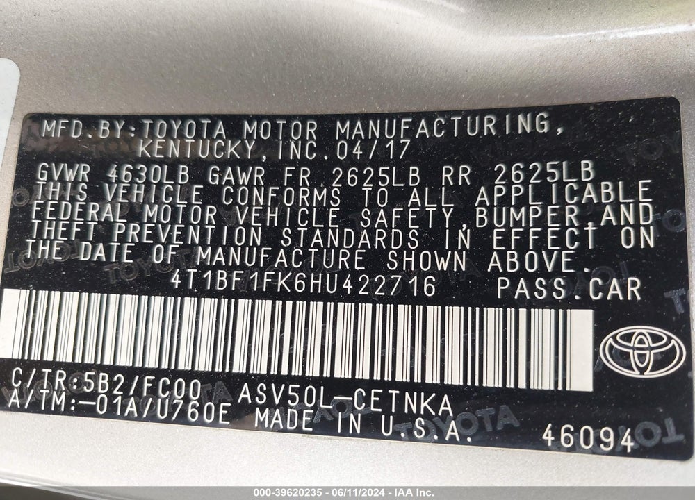 2017 TOYOTA CAMRY LE VIN: 4T1BF1FK6HU422716