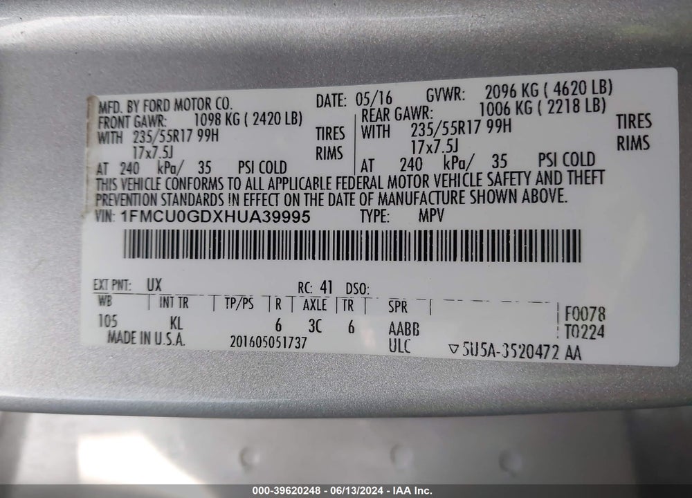 2017 FORD ESCAPE SE VIN: 1FMCU0GDXHUA39995