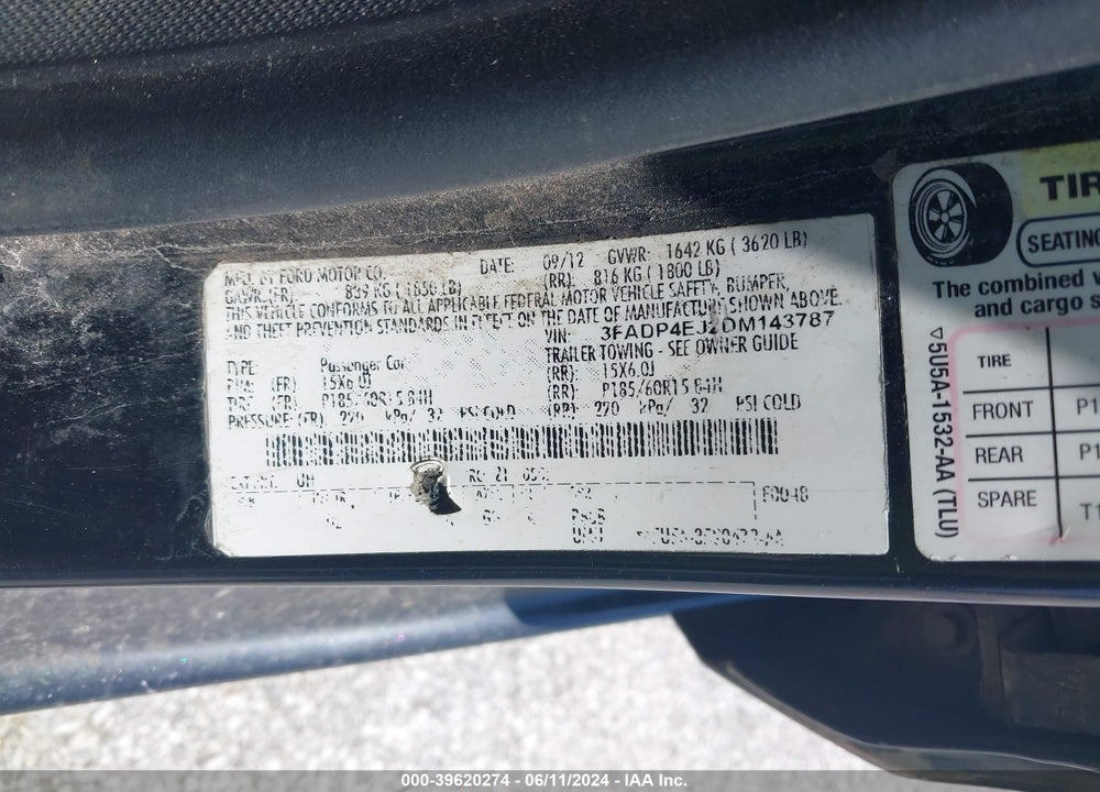 2013 FORD FIESTA SE VIN: 3FADP4EJ2DM143787