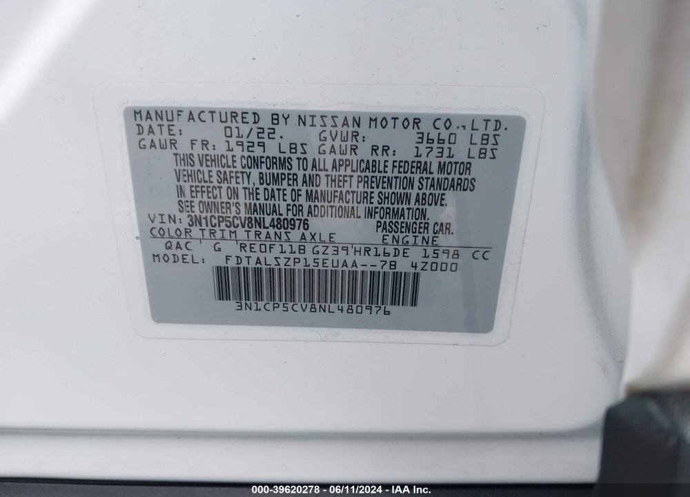 2022 NISSAN KICKS SV XTRONIC CVT VIN: 3N1CP5CV8NL480976