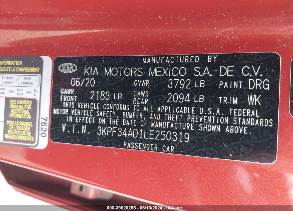 2020 KIA FORTE GT LINE VIN: 3KPF34AD1LE250319