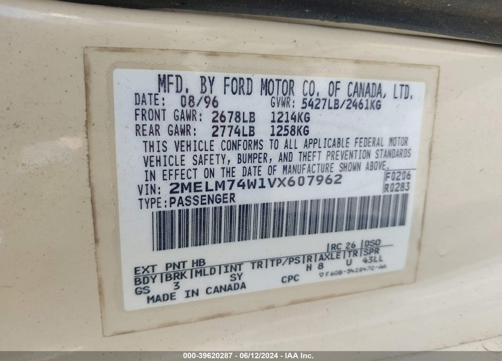 1997 MERCURY GRAND MARQUIS GS VIN: 2MELM74W1VX607962