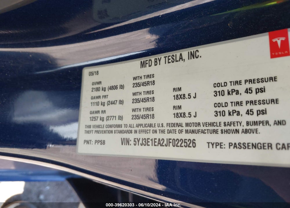 2018 TESLA MODEL 3 LONG RANGE/MID RANGE VIN: 5YJ3E1EA2JF022526