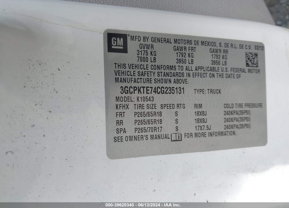 2012 CHEVROLET SILVERADO 1500 LTZ VIN: 3GCPKTE74CG235131