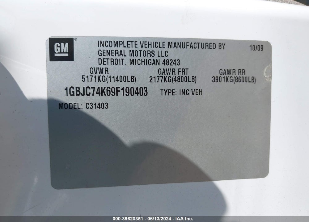 2009 CHEVROLET SILVERADO 3500HD CHASSIS WORK TRUCK VIN: 1GBJC74K69F190403