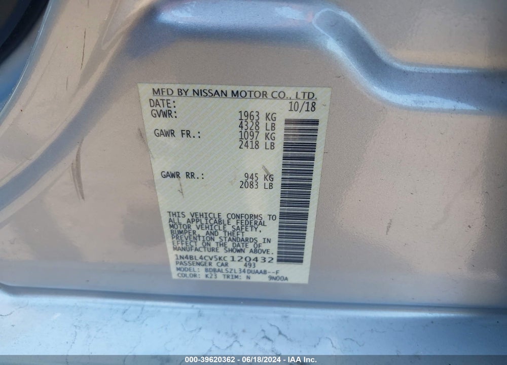 2019 NISSAN ALTIMA 2.5 SR VIN: 1N4BL4CV5KC120432
