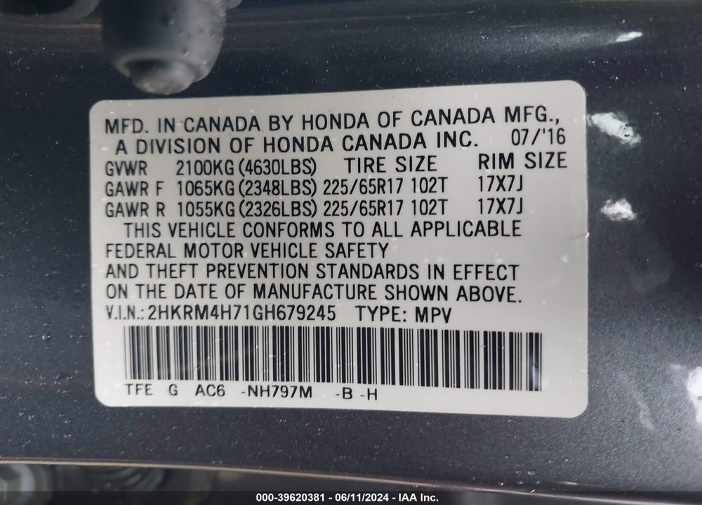 2016 HONDA CR-V EX-L VIN: 2HKRM4H71GH679245