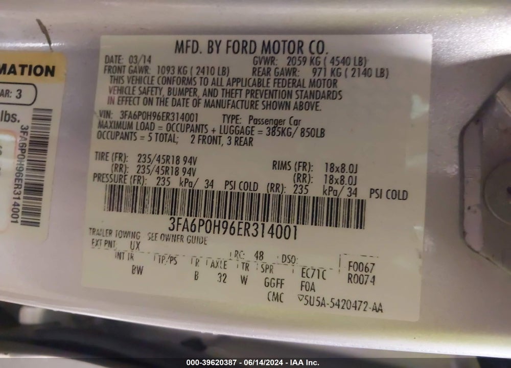 2014 FORD FUSION SE VIN: 3FA6P0H96ER314001