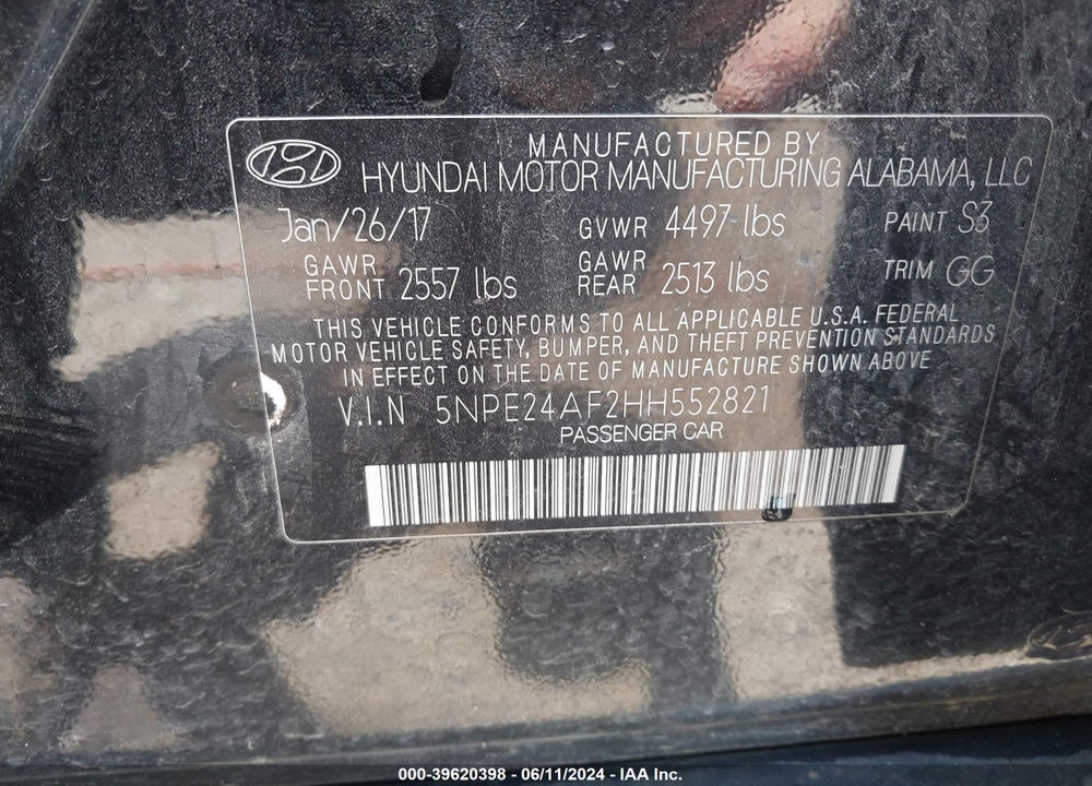 2017 HYUNDAI SONATA VIN: 5NPE24AF2HH552821