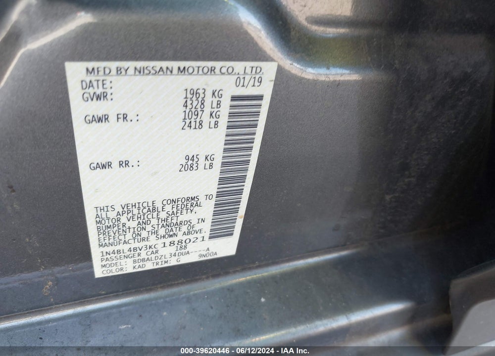 2019 NISSAN ALTIMA 2.5 S VIN: 1N4BL4BV3KC188021