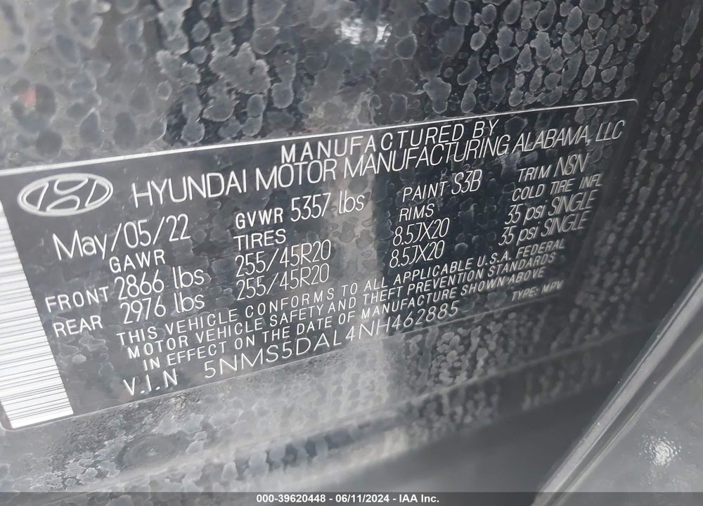 2022 HYUNDAI SANTA FE CALLIGRAPHY VIN: 5NMS5DAL4NH462885