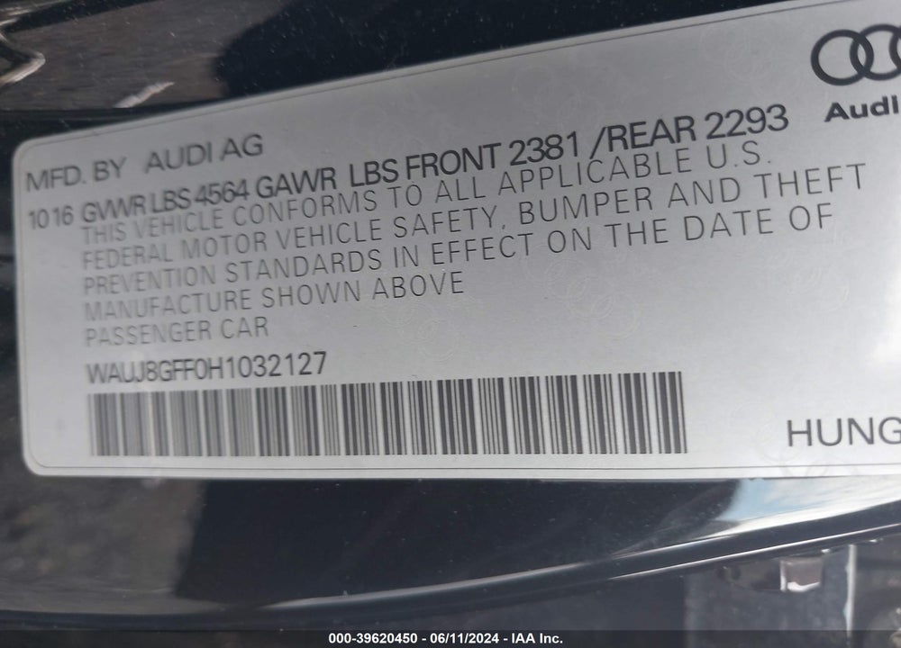 2017 AUDI A3 2.0T PREMIUM VIN: WAUJ8GFF0H1032127