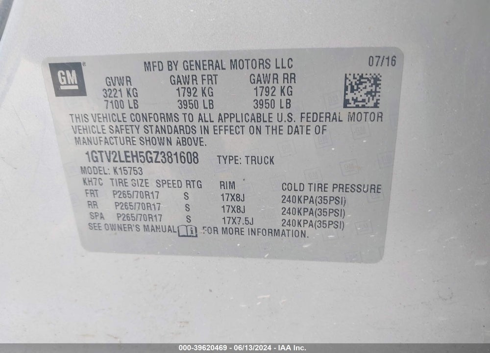 2016 GMC SIERRA 1500 VIN: 1GTV2LEH5GZ381608