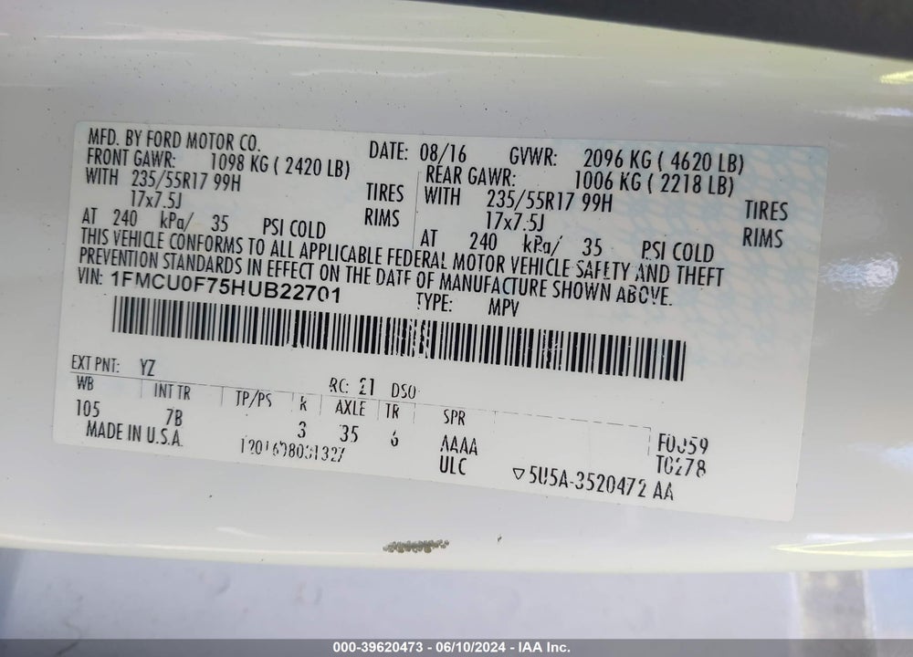 2017 FORD ESCAPE S VIN: 1FMCU0F75HUB22701