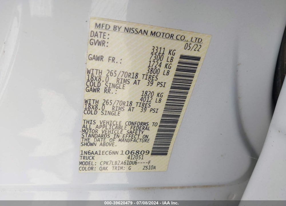 2022 NISSAN TITAN SV 4X4 VIN: 1N6AA1EC6NN106809
