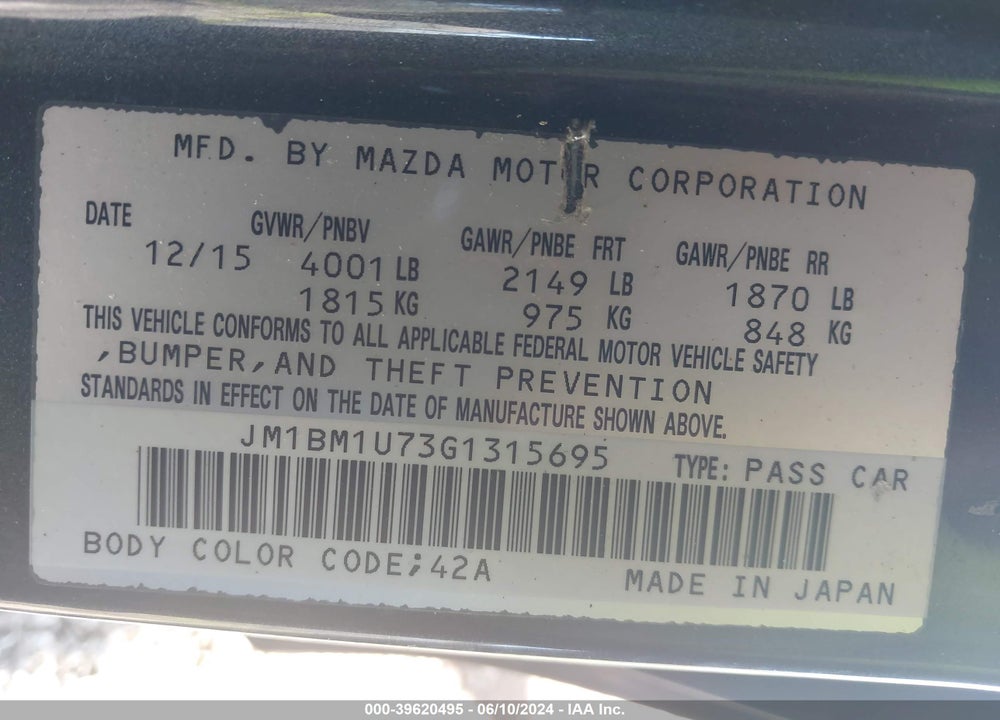 2016 MAZDA 3 I SPORT VIN: JM1BM1U73G1315695