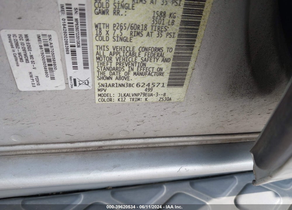 2011 NISSAN PATHFINDER LE VIN: 5N1AR1NN3BC624571