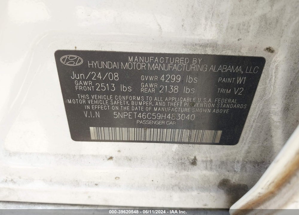 2009 HYUNDAI SONATA GLS VIN: 5NPET46C59H483040