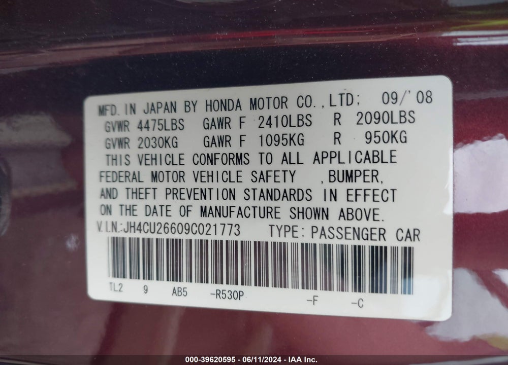 2009 ACURA TSX VIN: JH4CU26609C021773