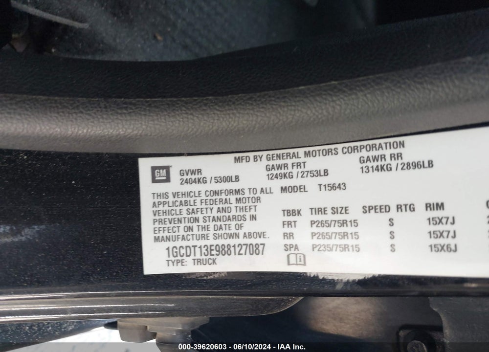2008 CHEVROLET COLORADO LT VIN: 1GCDT13E988127087