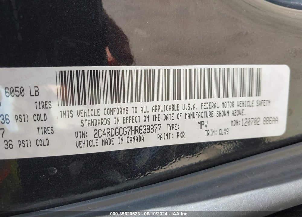 2017 DODGE GRAND CARAVAN SXT VIN: 2C4RDGCG7HR639877