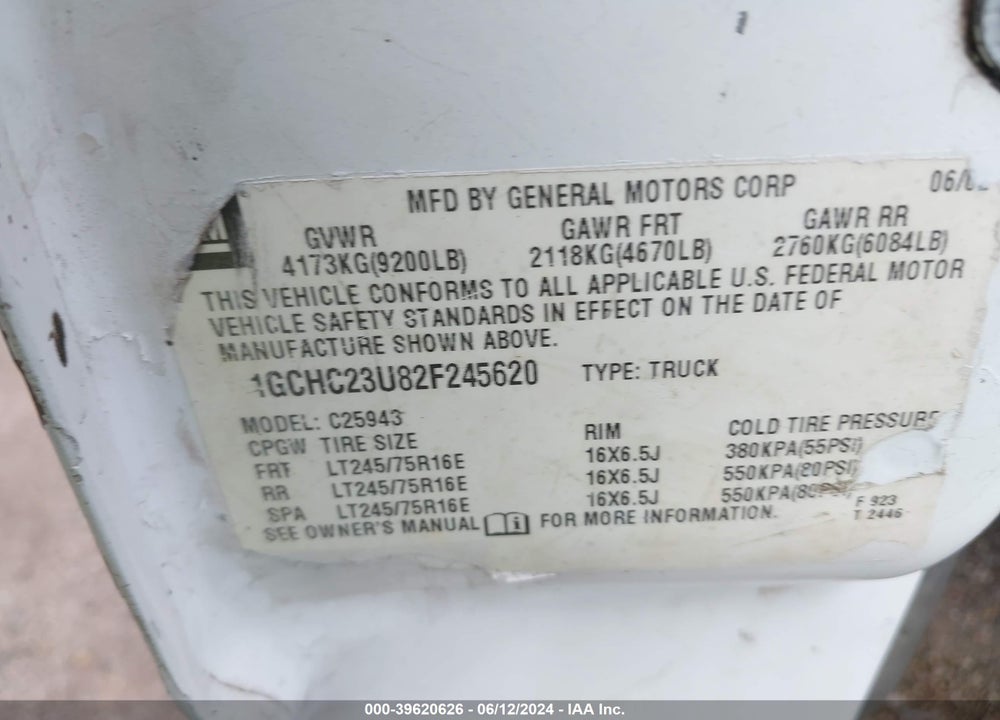 2002 CHEVROLET SILVERADO 2500HD VIN: 1GCHC23U82F245620