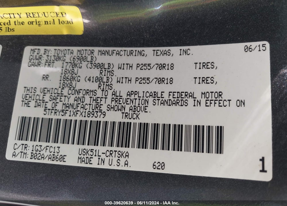 2015 TOYOTA TUNDRA SR5 5.7L V8 VIN: 5TFRY5F1XFX189379