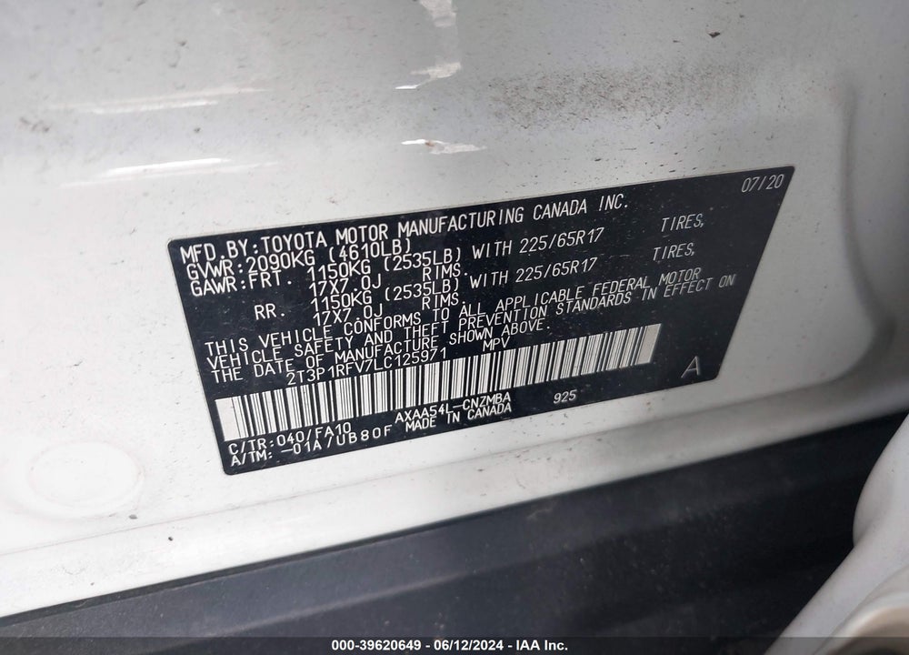 2020 TOYOTA RAV4 XLE VIN: 2T3P1RFV7LC125971