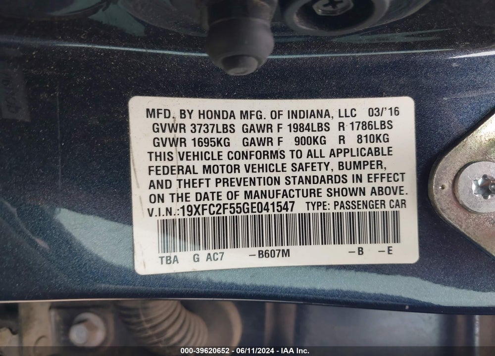2016 HONDA CIVIC LX VIN: 19XFC2F55GE041547