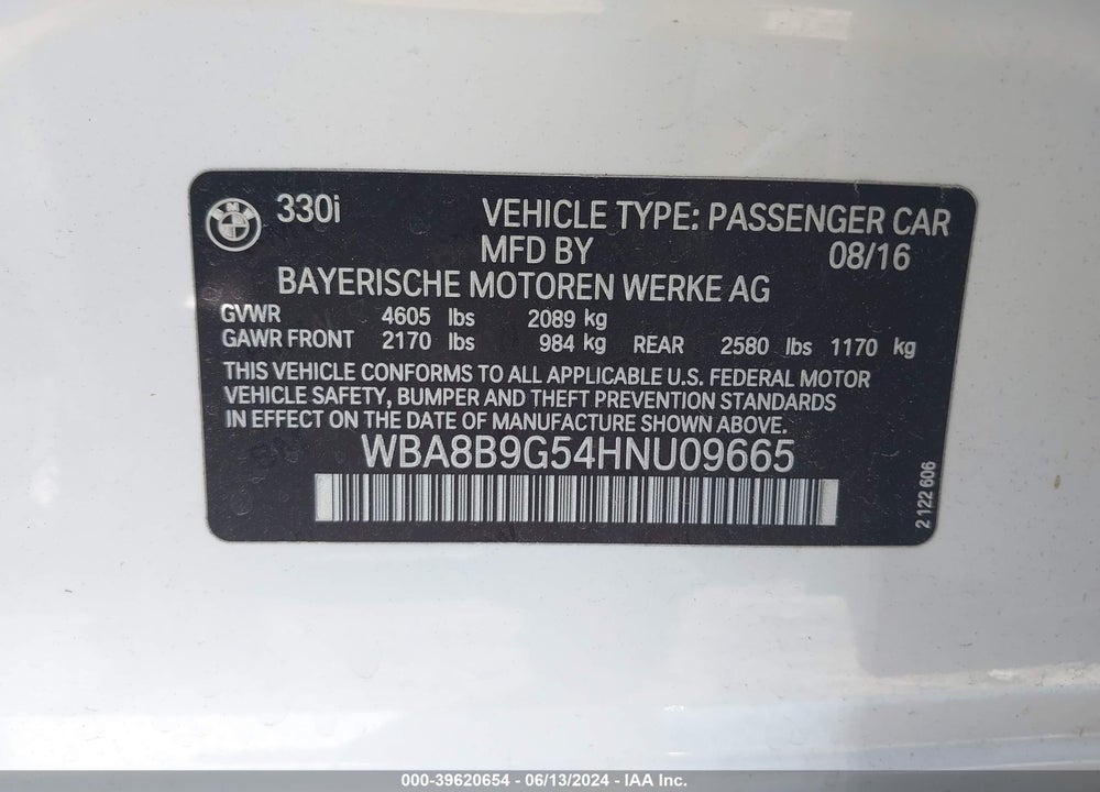 2017 BMW 330I VIN: WBA8B9G54HNU09665