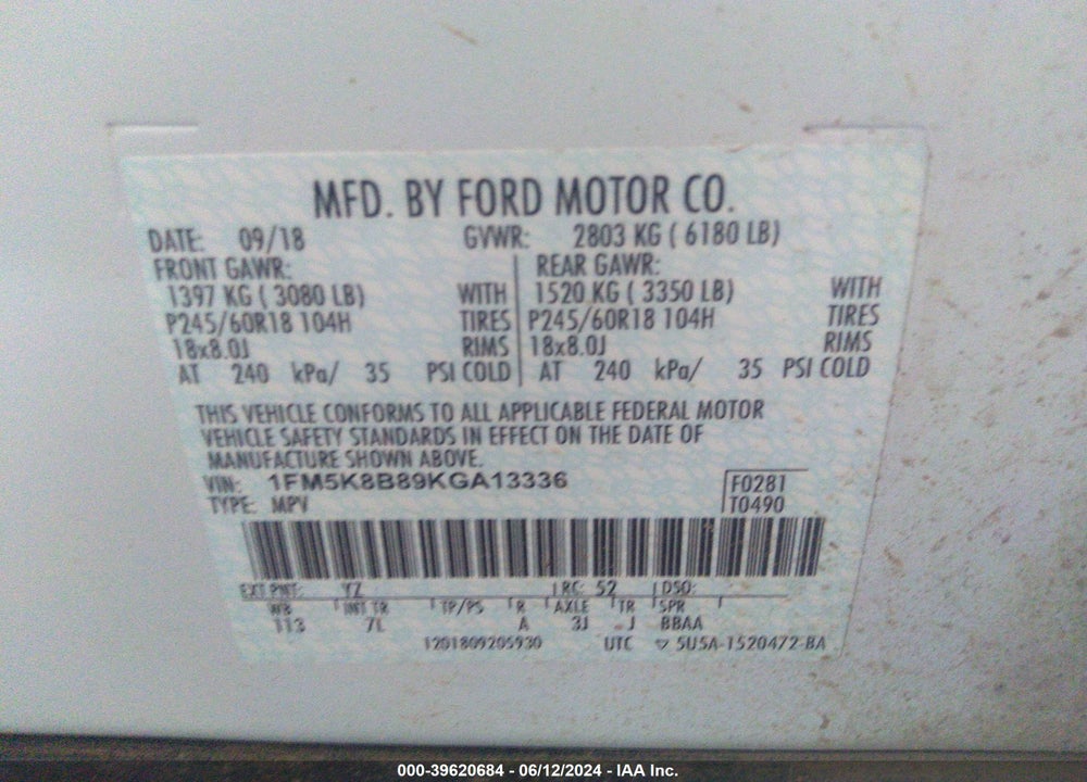 2019 FORD EXPLORER VIN: 1FM5K8B89KGA13336