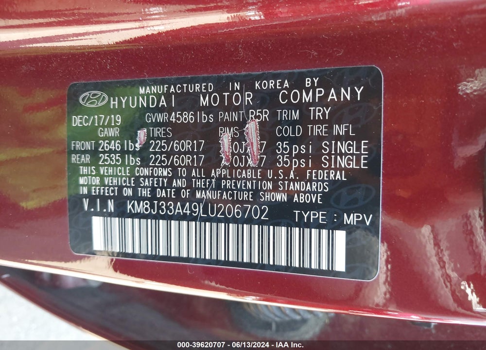 2020 HYUNDAI TUCSON VALUE VIN: KM8J33A49LU206702