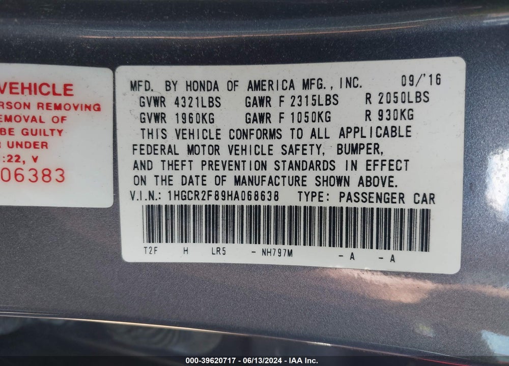 2017 HONDA ACCORD EX-L VIN: 1HGCR2F89HA068638