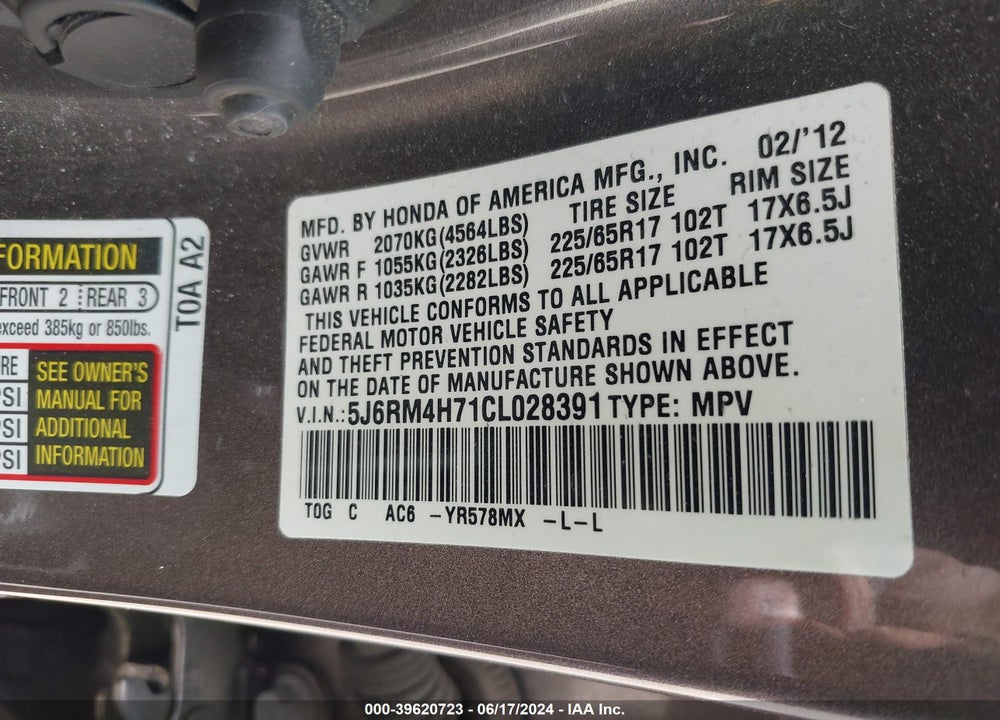 2012 HONDA CR-V VIN: 5J6RM4H71CL028391