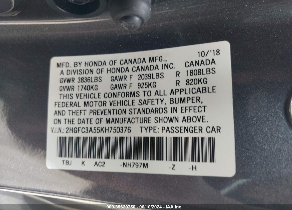 2019 HONDA CIVIC SI VIN: 2HGFC3A55KH750376