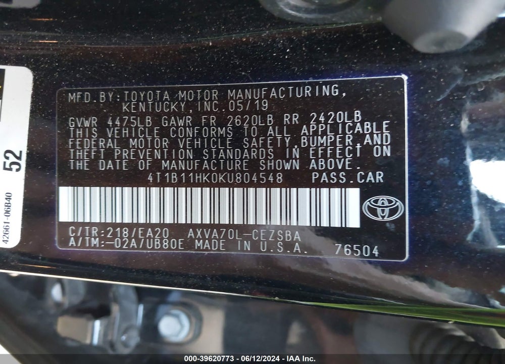 2019 TOYOTA CAMRY SE VIN: 4T1B11HK0KU804548
