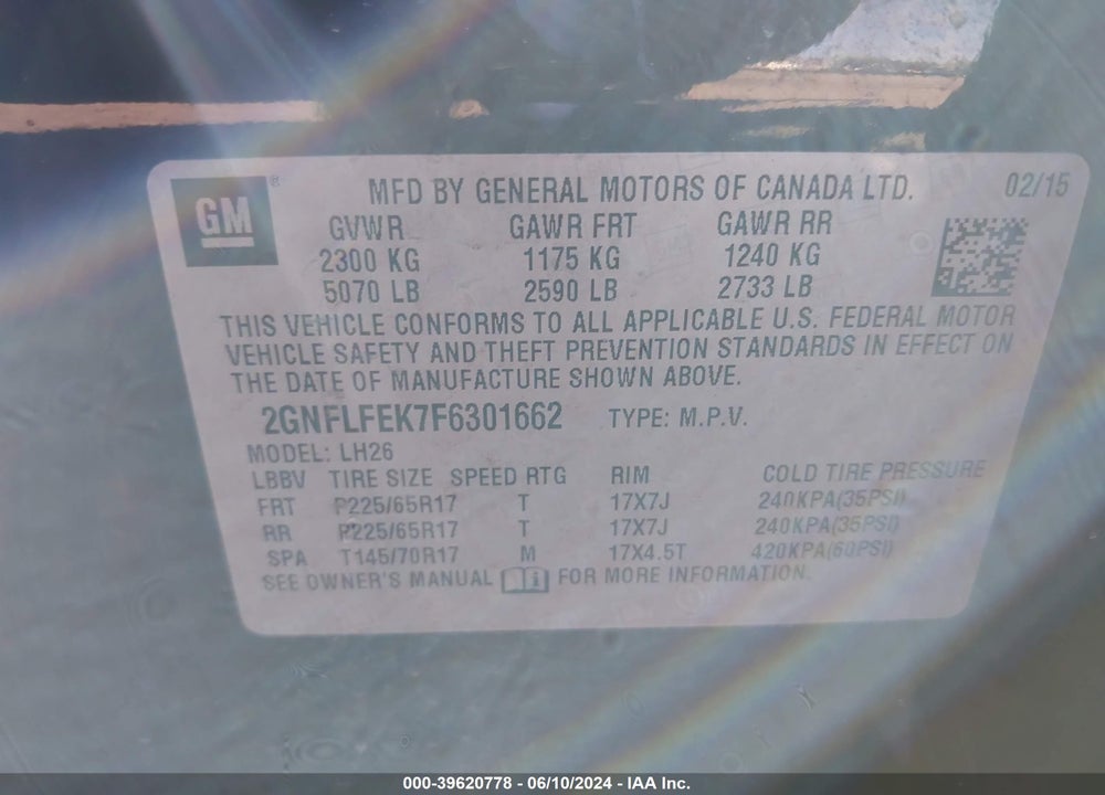 2015 CHEVROLET EQUINOX 1LT VIN: 2GNFLFEK7F6301662